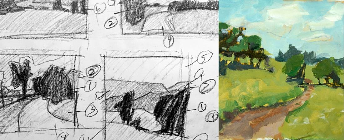 Acrylic landscape painting fundamentals course - module one showcase image with demos from lessons