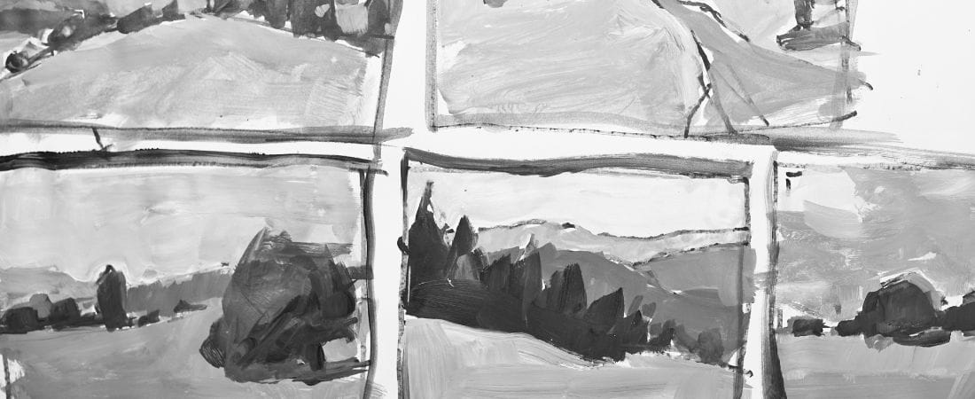 Acrylic landscape painting course module two showcase image with landscape value sketches