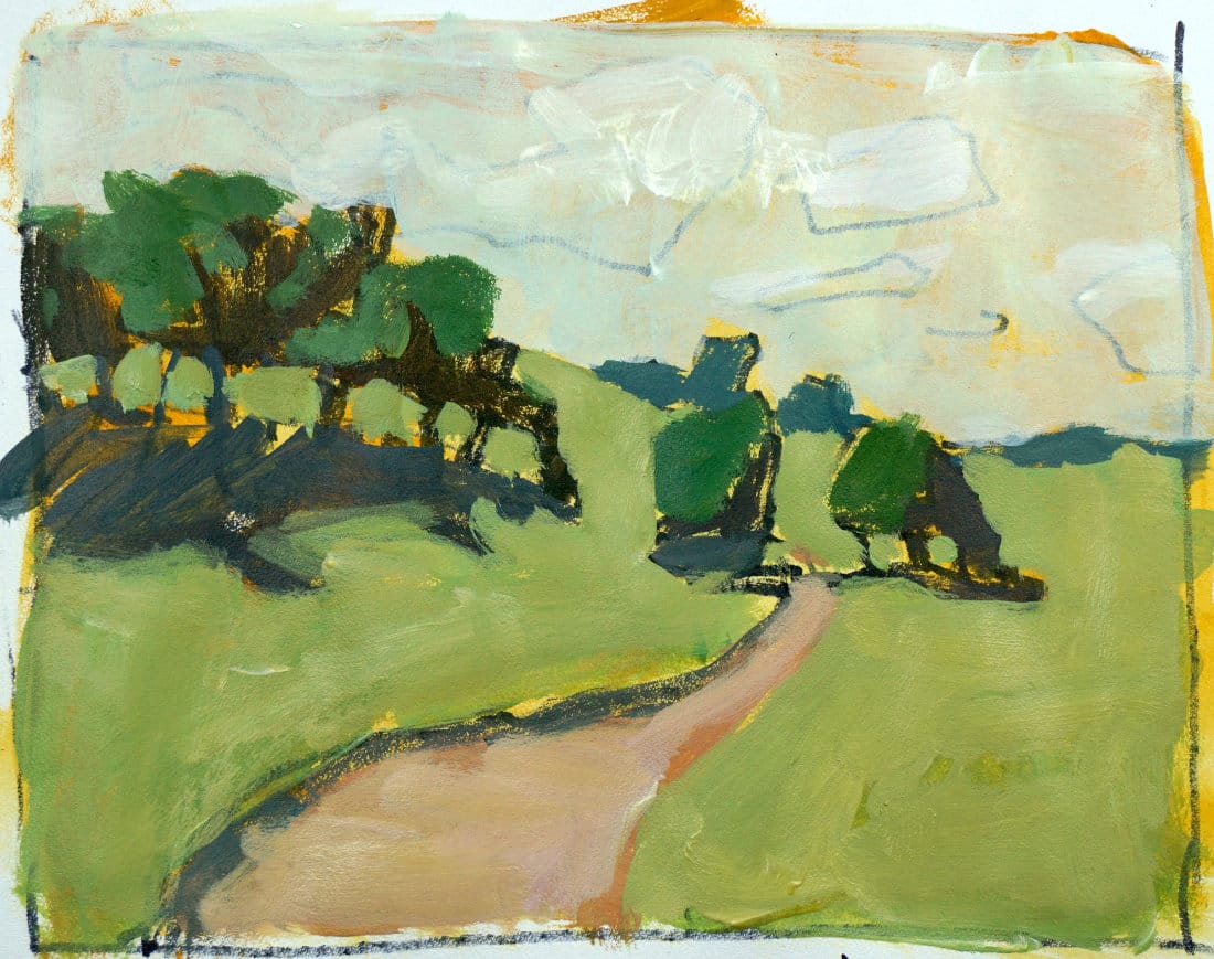 Acrylic landscape painting study showing simplified flat color masses with no gradations - green trees, light green field, tan path, and neutral sky demonstrating color simplification fundamentals