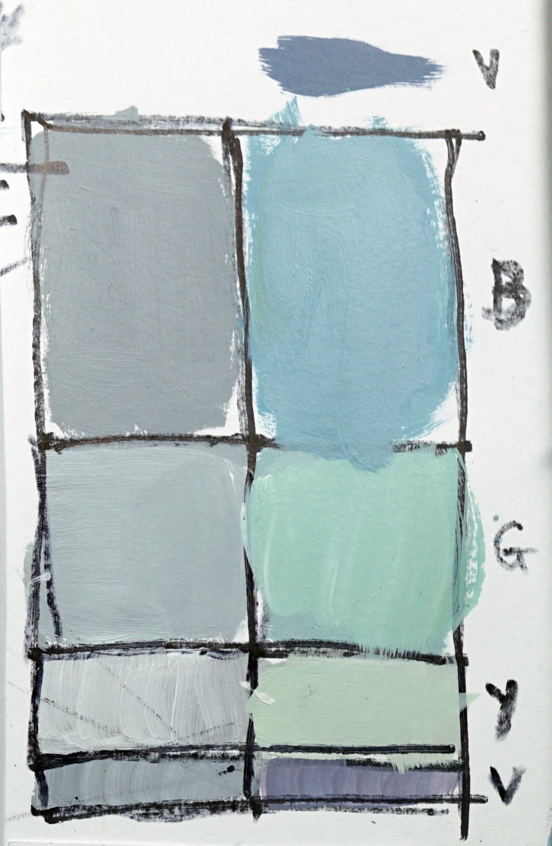 Color and value chart showing acrylic sky gradients in gray, blue, and green tones for understanding sky color shifts and atmospheric perspective.