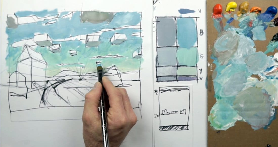 Acrylic landscape painting lesson showing color mixing for sky gradations and clouds, with warm and cool blue tones applied to a linear perspective sketch.