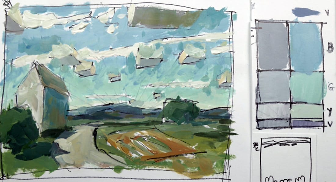 Acrylic landscape study showing transformation of boxy cloud shapes into realistic cumulus forms with blended sky gradations and atmospheric perspective.