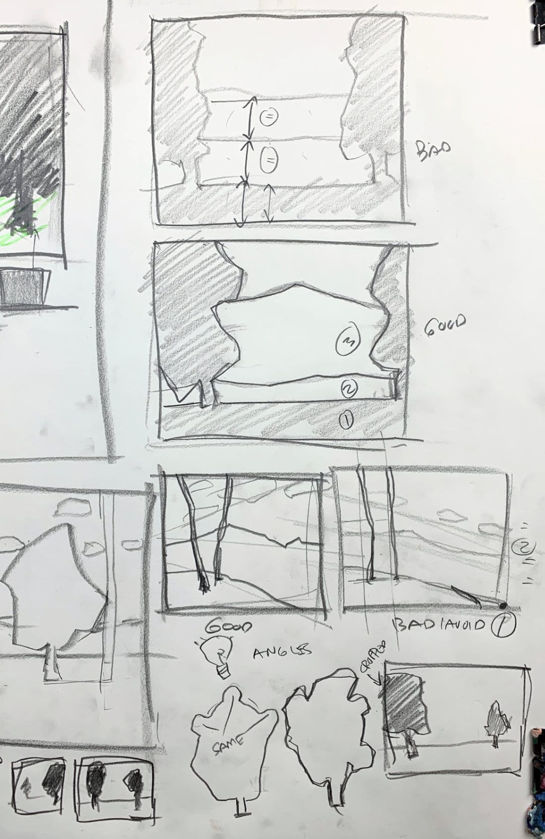 Sketch demo showing advanced composition concepts for landscape painting, including asymmetry, spacing, and angle variation.