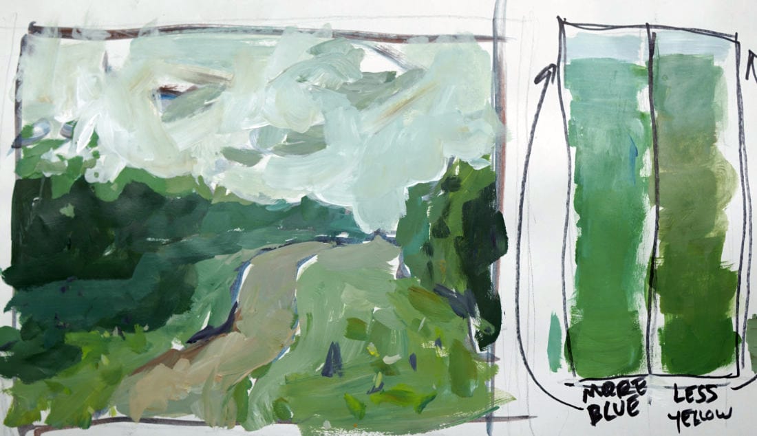 Acrylic painting demo showing how greens transition from warm and yellow in the foreground to cooler and bluer in the distance to create atmospheric perspective.