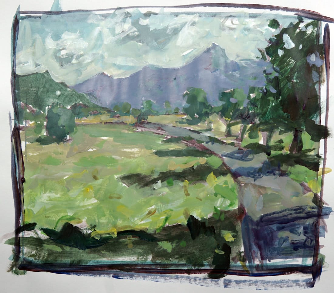 Acrylic landscape painting showing atmospheric perspective with soft sky, distant hills, and warm yellow foreground light.