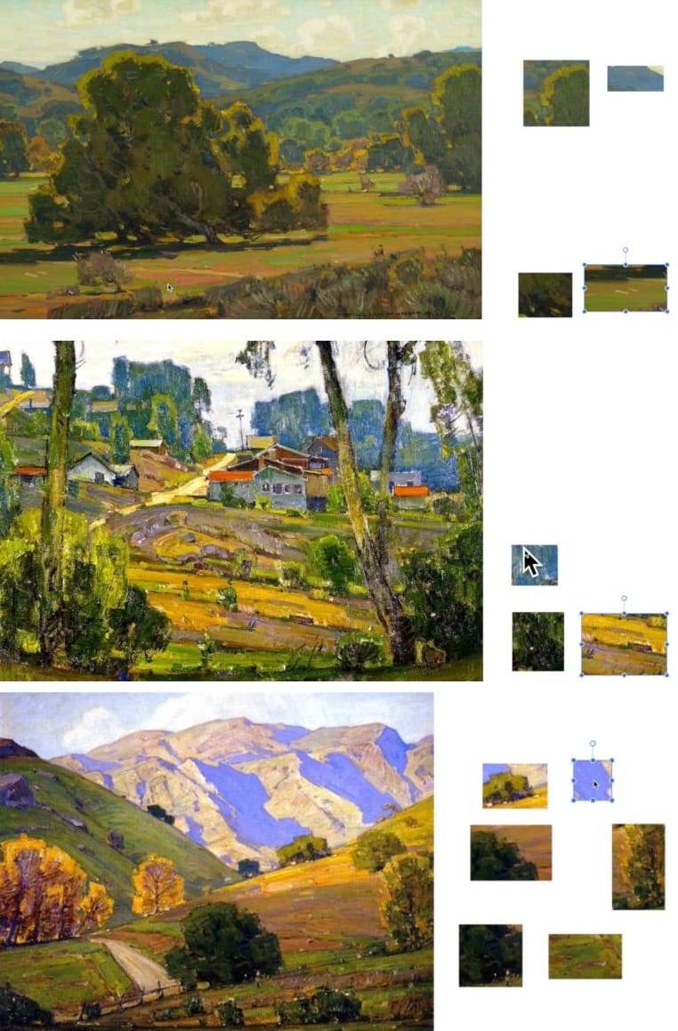 Three classic landscape paintings showing how atmospheric perspective affects color and depth — warm, saturated foregrounds transition to cool, hazy backgrounds. Each painting demonstrates soft edges, value shifts, and temperature changes that create convincing distance in acrylic landscape painting.