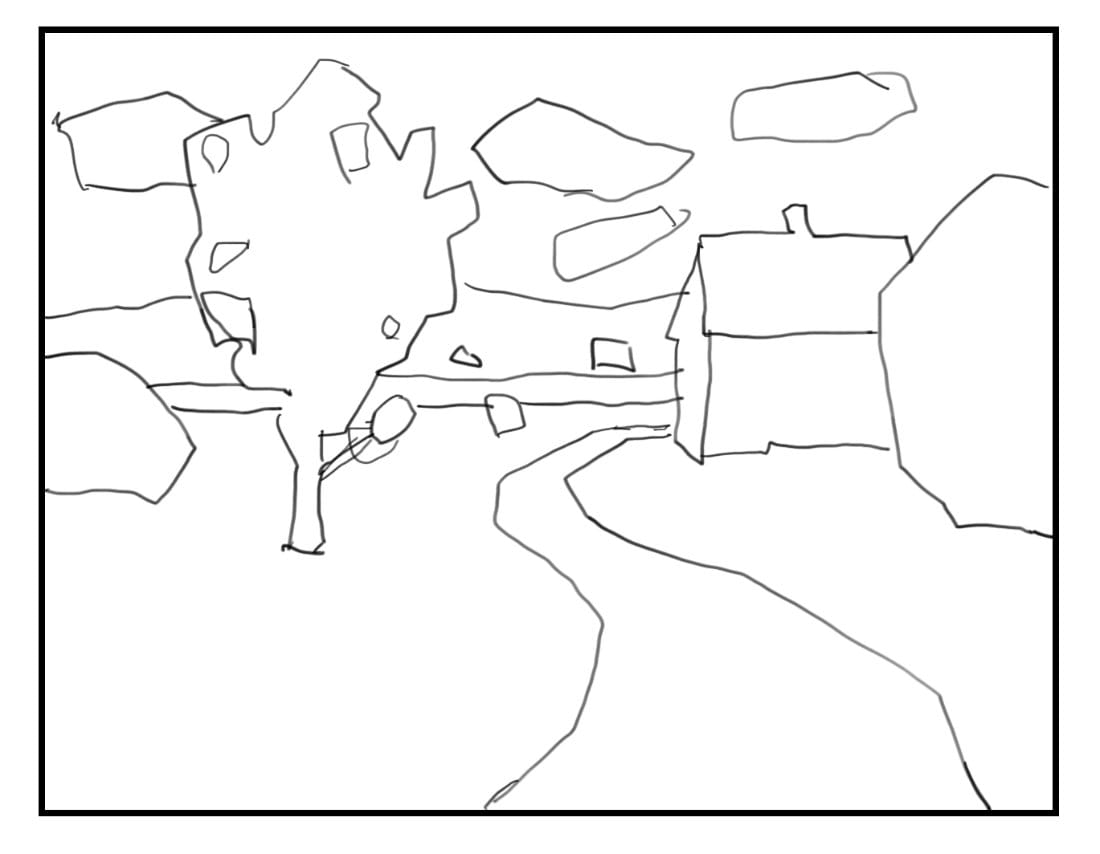 Simple drawing template for a back-lit acrylic landscape, showing tree, house, and path layout with cloud placement.