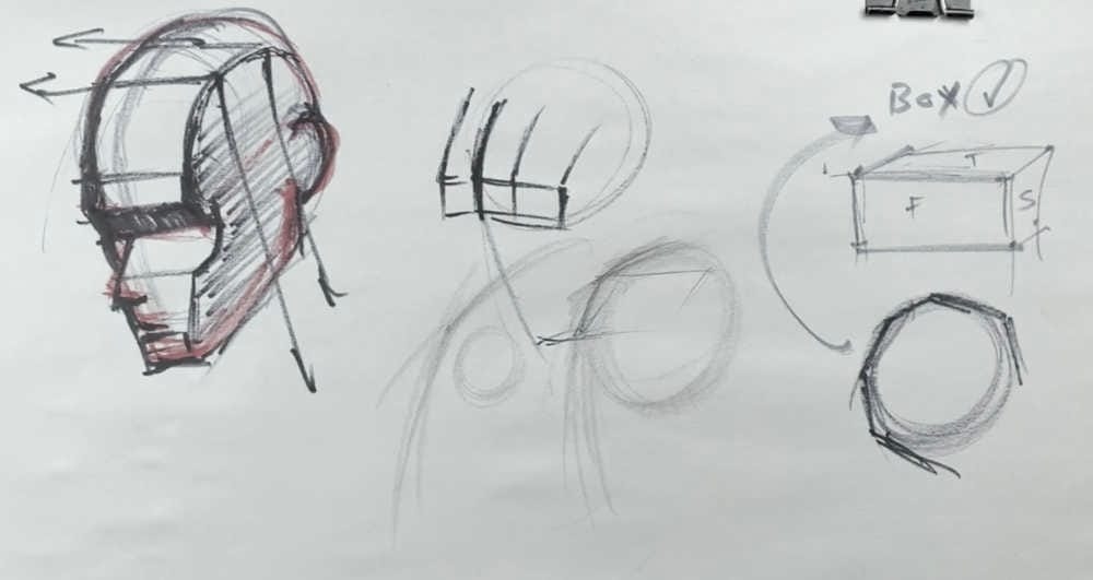 Head construction sketches showing round skull converted to box planes using hitch technique, with temporalis line marked and top versus side plane transitions demonstrated
