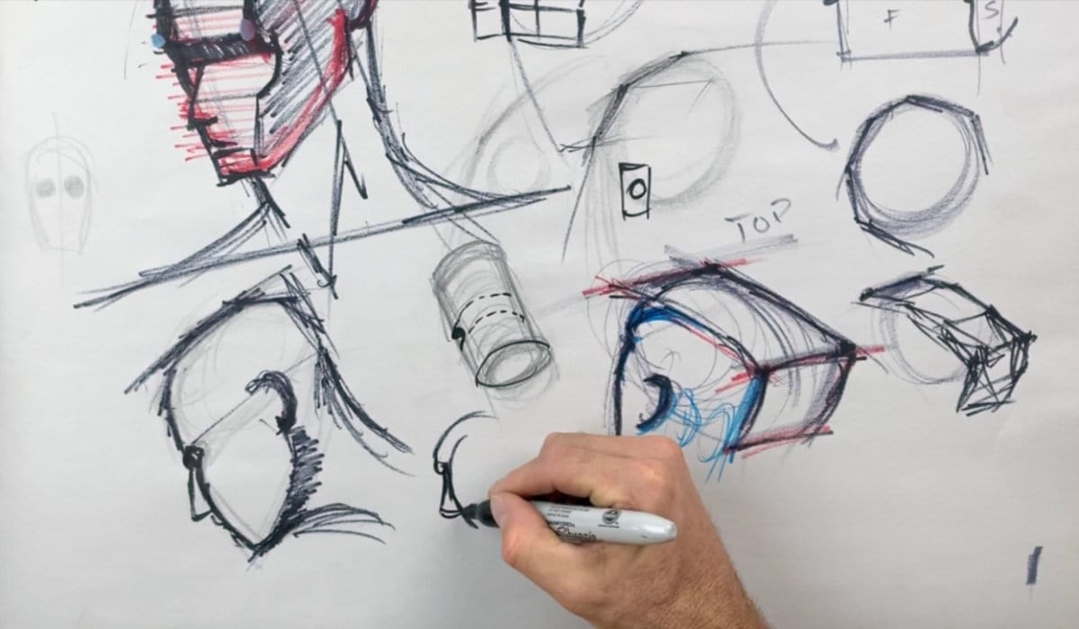 Multiple head construction sketches showing complex angles, barrel notch technique for eye sockets, underneath views, three-quarter angles, and boxy skull construction with parallel lines