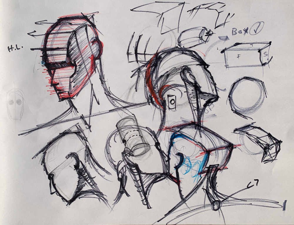 Multiple head construction sketches showing sternocleidomastoid muscles, neck connection to skull, trapezius muscles, C7 vertebrae, and overlapping throat and digastric plane structures