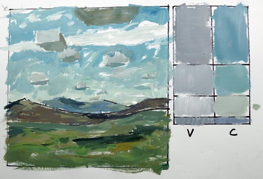 Completed acrylic sky and cloud painting showing linear perspective, color gradations, and cloud shadows across distant hills and foreground fields.