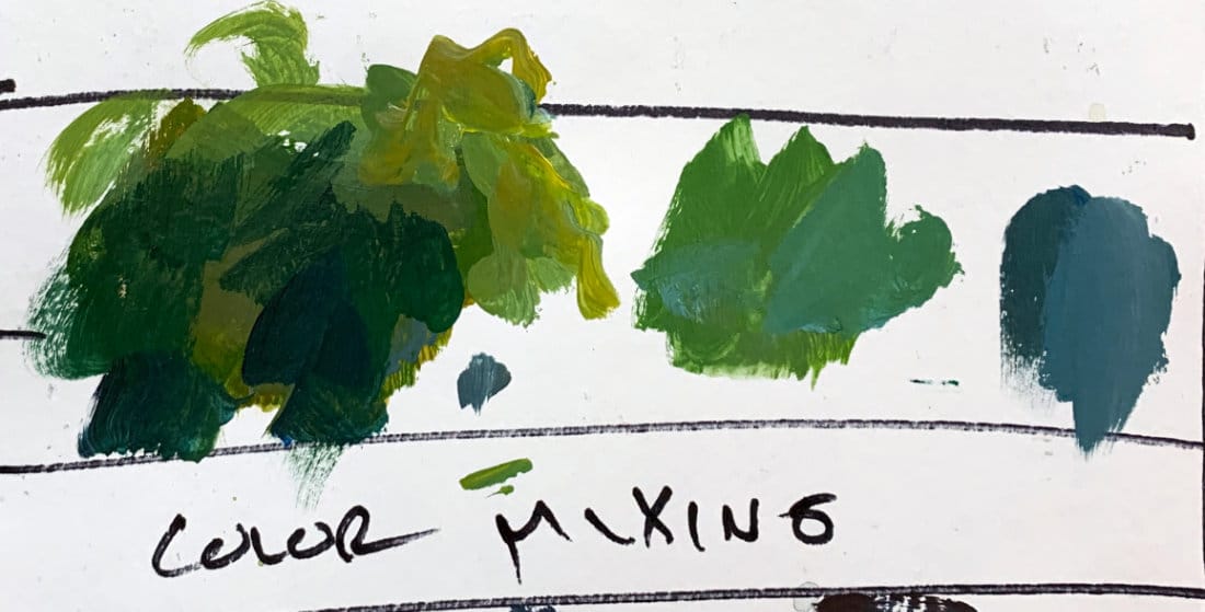Acrylic color mixing chart showing green hues with varying temperatures and values to demonstrate color control strategies.