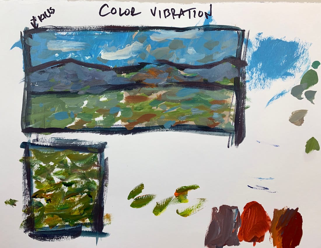Acrylic landscape painting demo showing broken color and brushwork to demonstrate color vibration effects in sky, grass, and mountains.
