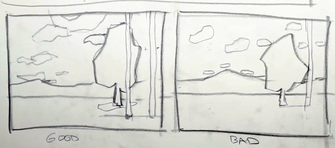 Sketch demo comparing good and bad landscape composition examples showing overlapping, spacing, and kissing-edge design issues.