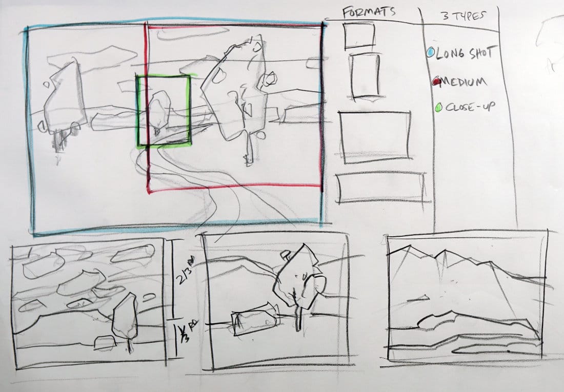 Sketch study showing landscape cropping and format options with long-shot, medium, and close-up compositions in acrylic painting.