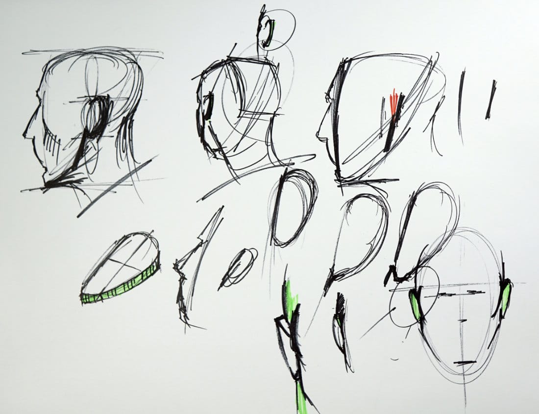 Loose sketch studies showing basic ear placement and structure from profile and front angles.