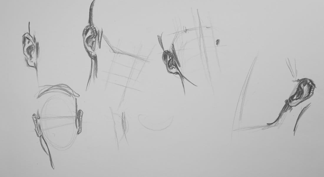 Sketch page showing multiple quick ear drawings from different angles demonstrating rhythm, structure, and depth.