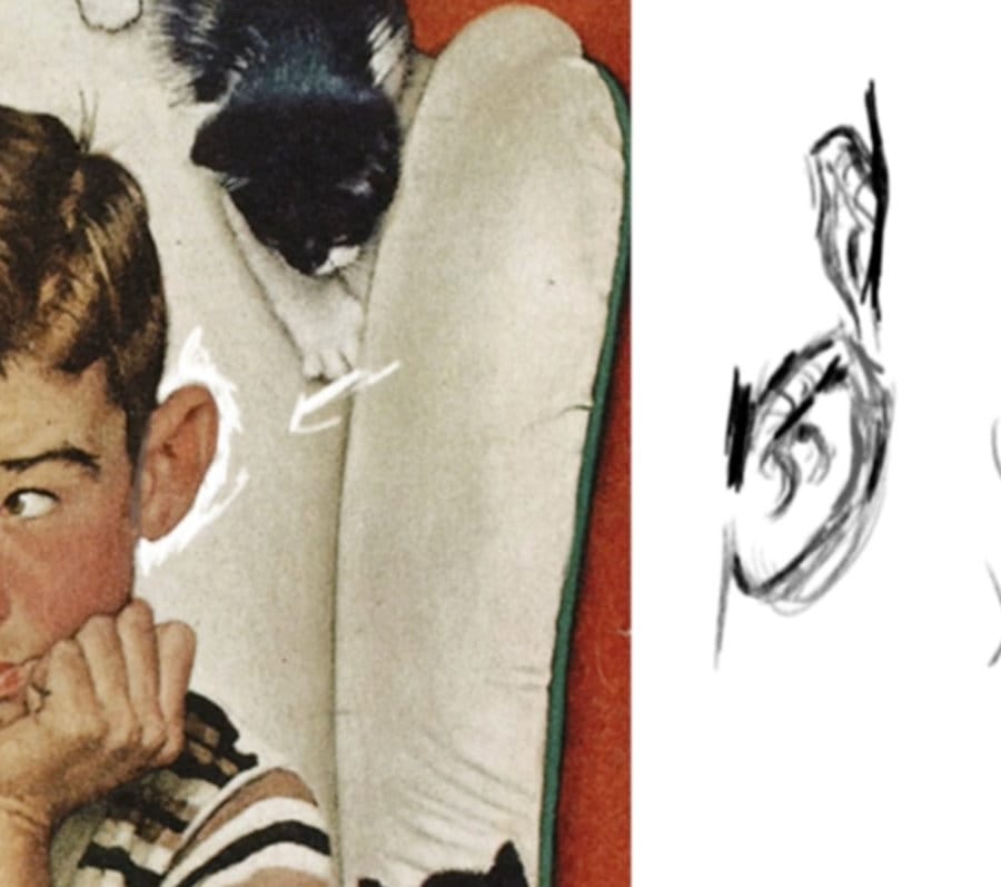 Master study sketches showing simplified ear structure and tilt angles inspired by Norman Rockwell.