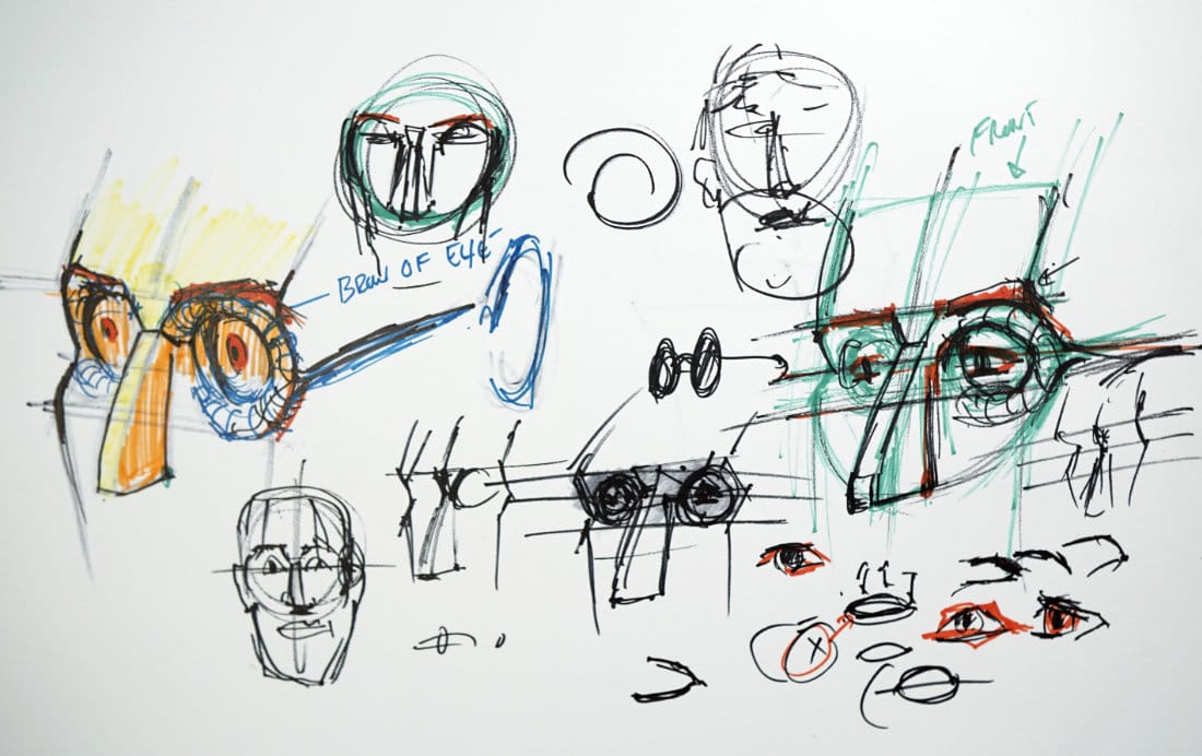 Sketches showing how to draw eye socket planes, brow ridge, and eyelid structure in head drawing