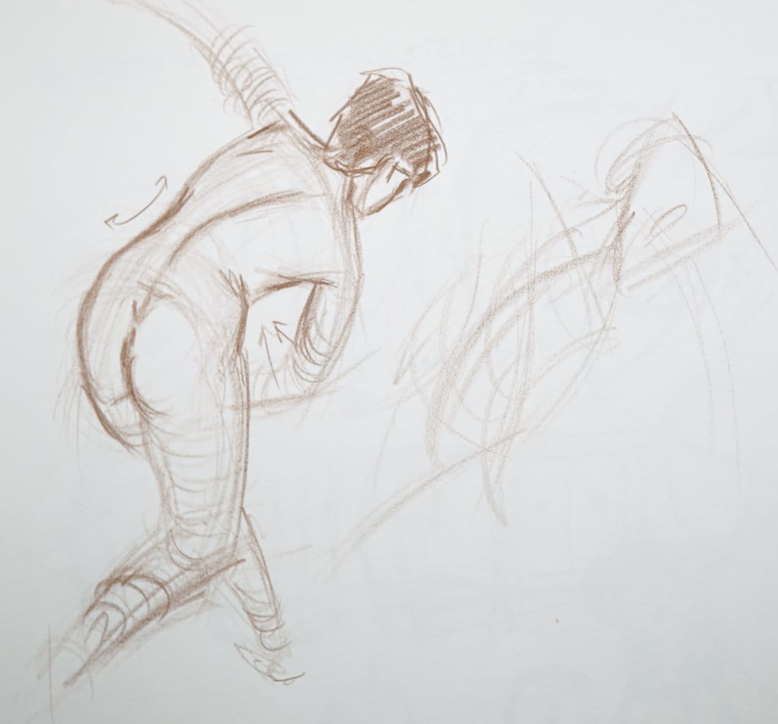 Figure drawing demonstration three showing head-first approach with mask of face construction, longest sustained curve from head to torso, tube method, and corners versus curves decision making