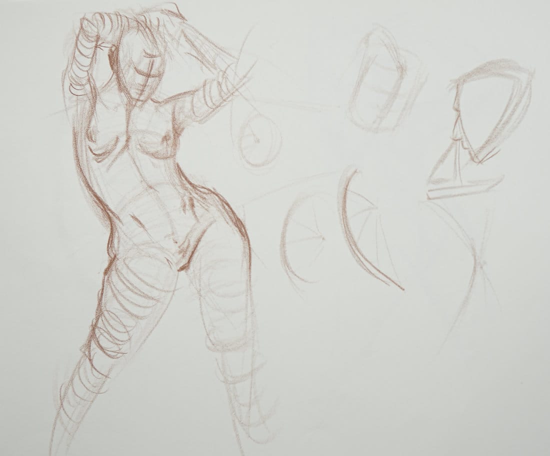 Figure drawing demonstration two showing front pose construction with empathy focus, contra angles between shoulders and pelvis, center line landmarks, tube construction, and gesture before details approach