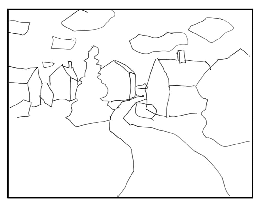 Simple composition drawing template for a front-lit landscape painting showing houses, trees, and clouds under direct sunlight.