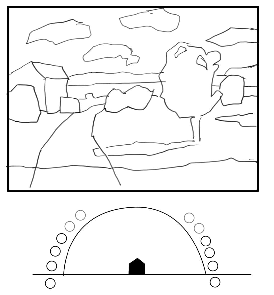 Golden hour landscape drawing template with horizon, sun path, and basic composition layout.