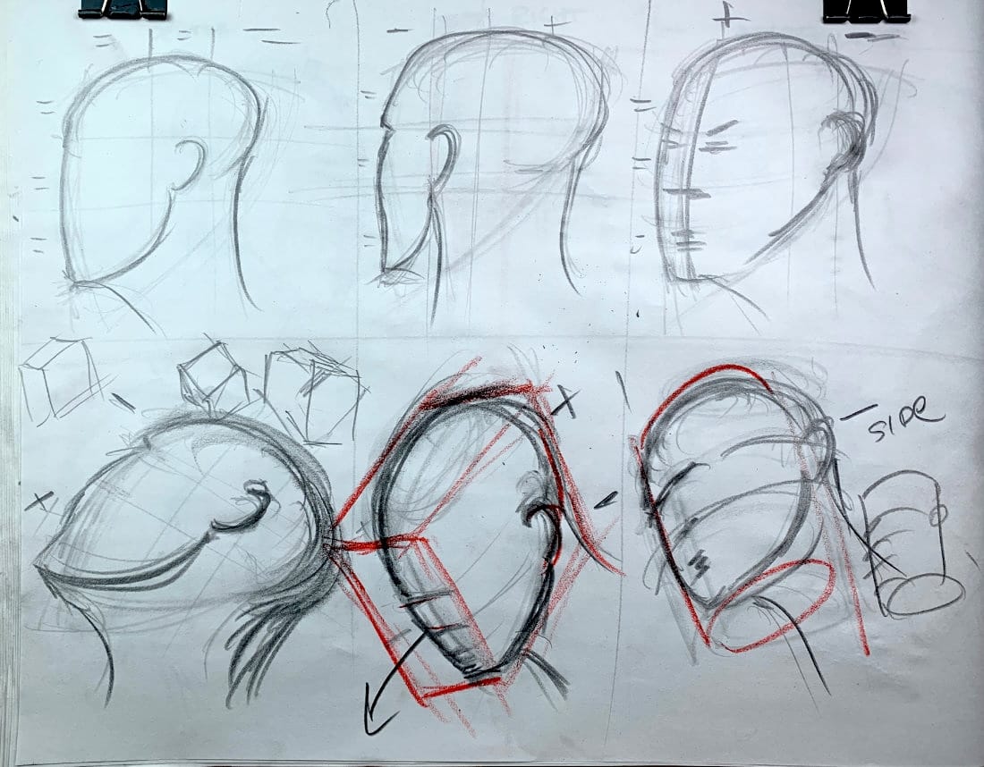 Multiple sketches demonstrating head angles using sail method, cube method, and cylinder method with ear placement shown in different positions