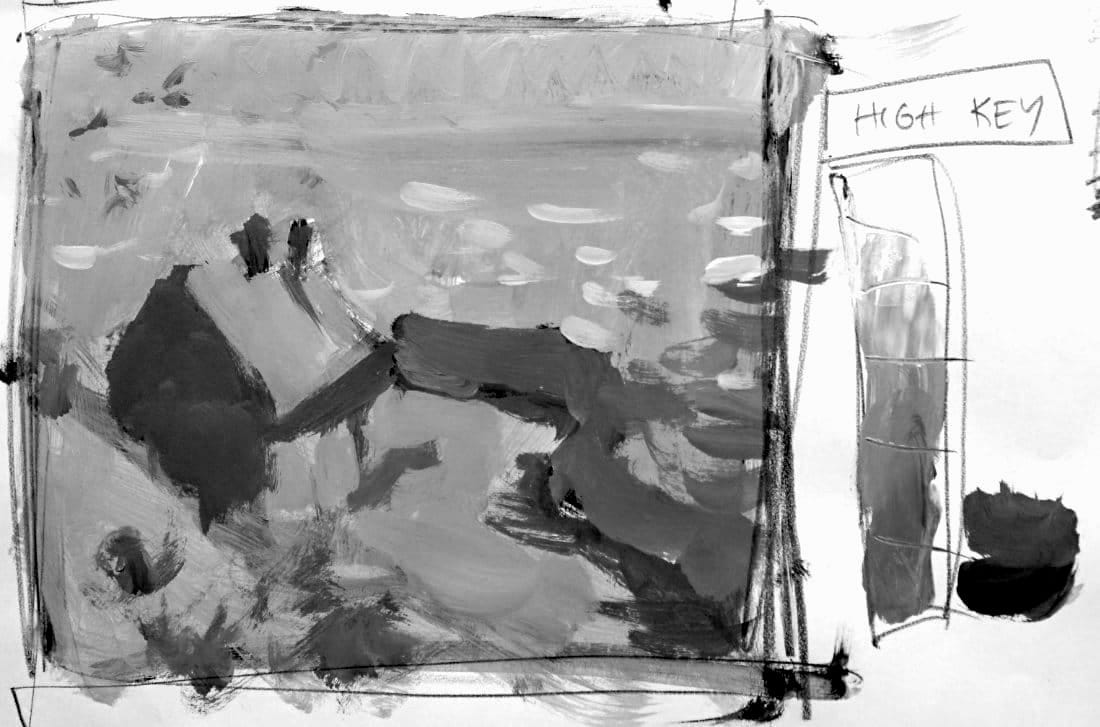 High-key value study of Monet cottage landscape in compressed lighter value range showing airy atmosphere for acrylic painting fundamentals course