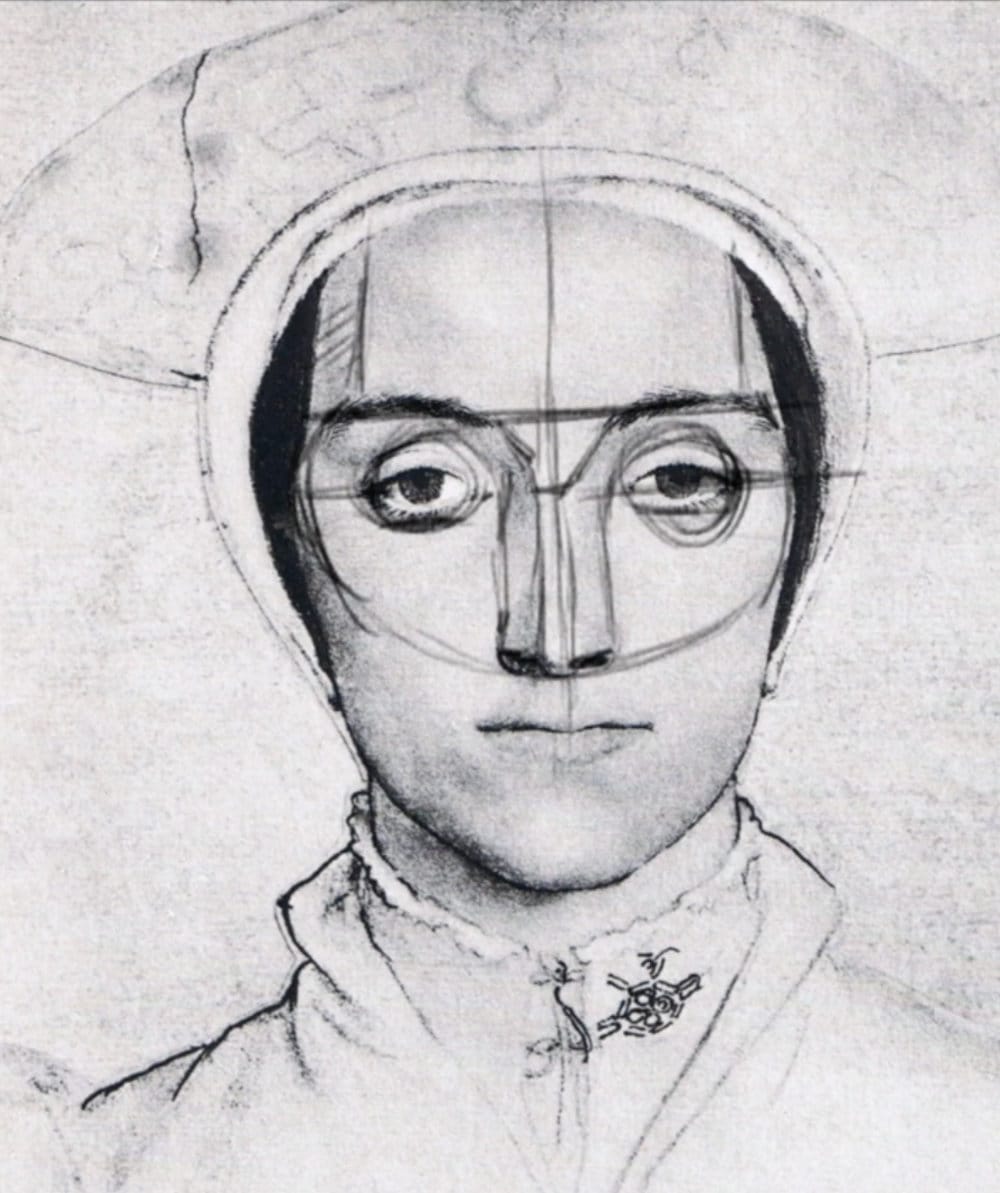 Holbein head drawing with eye structure and construction lines showing planes and depth