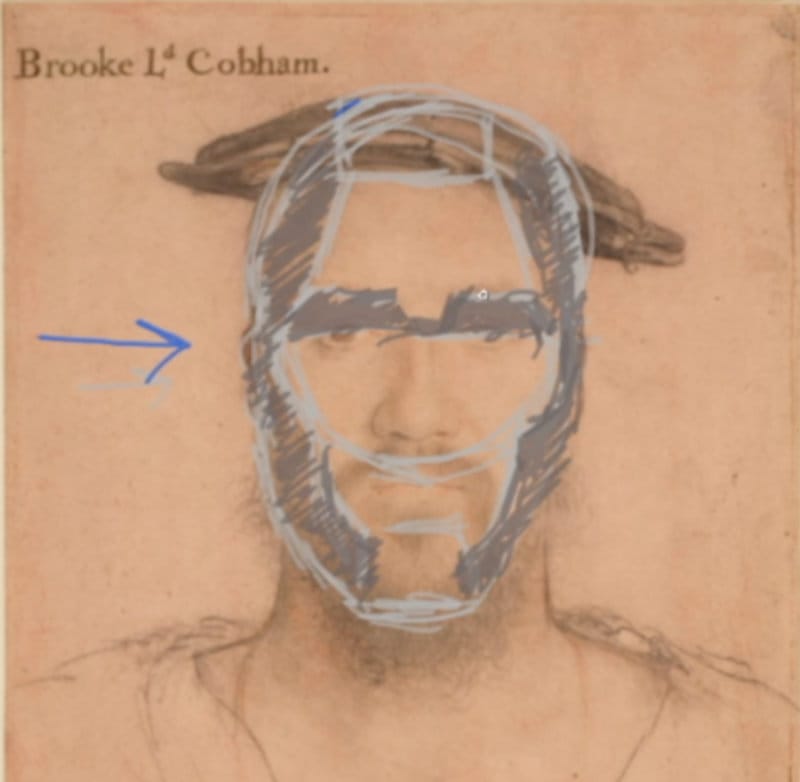 Holbein front view portrait drawing with blue construction lines showing egg-shaped skull structure and facial planes