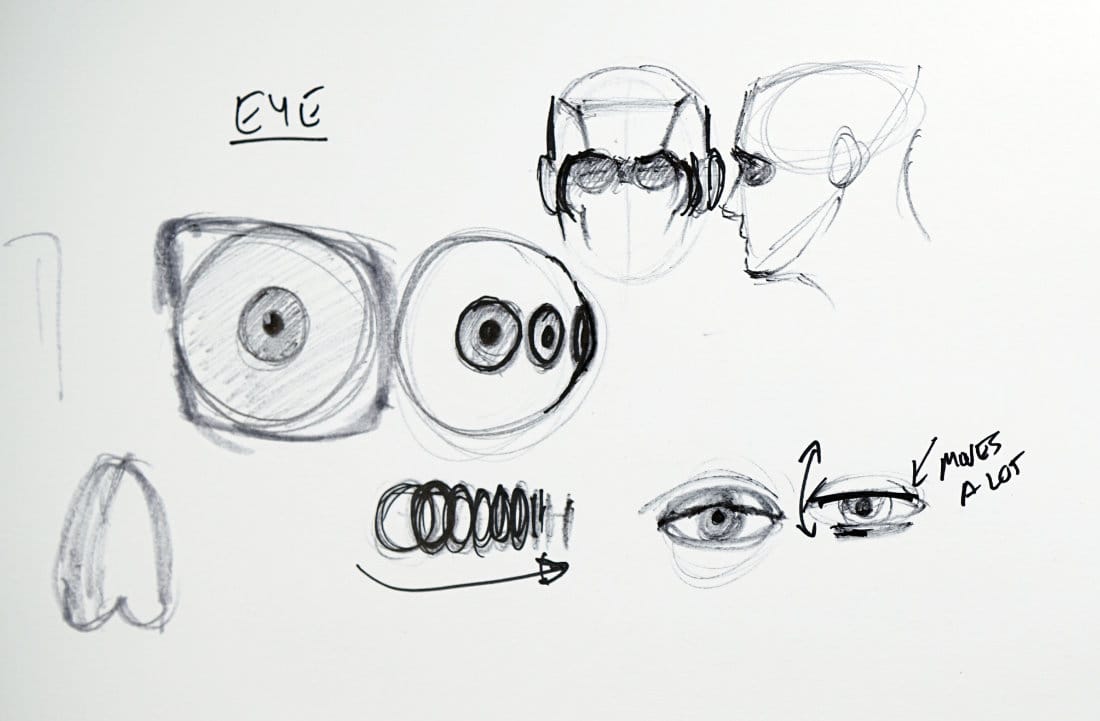 Eye drawing study showing eyeball, iris, and eyelid movement