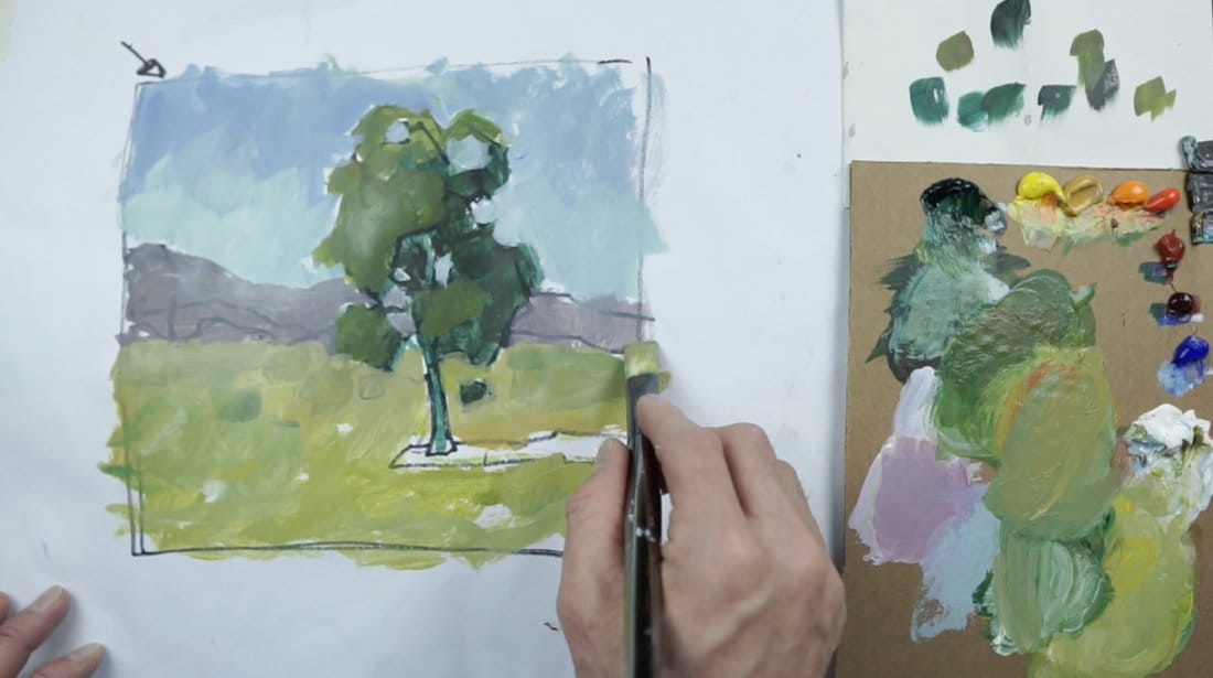 Acrylic tree painting tutorial showing the block-in stage with background sky, mountains, and ground plane, part of a beginner lesson on how to paint trees.