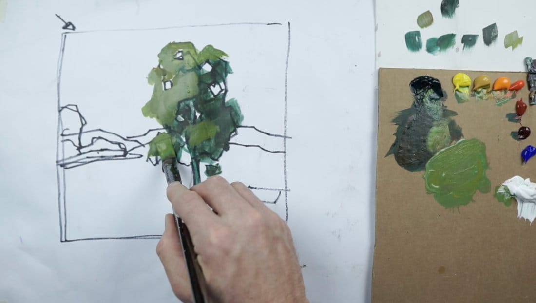 Acrylic tree painting demo showing the block-in stage with simplified green shapes and sky holes, part of a beginner tutorial on how to paint trees.