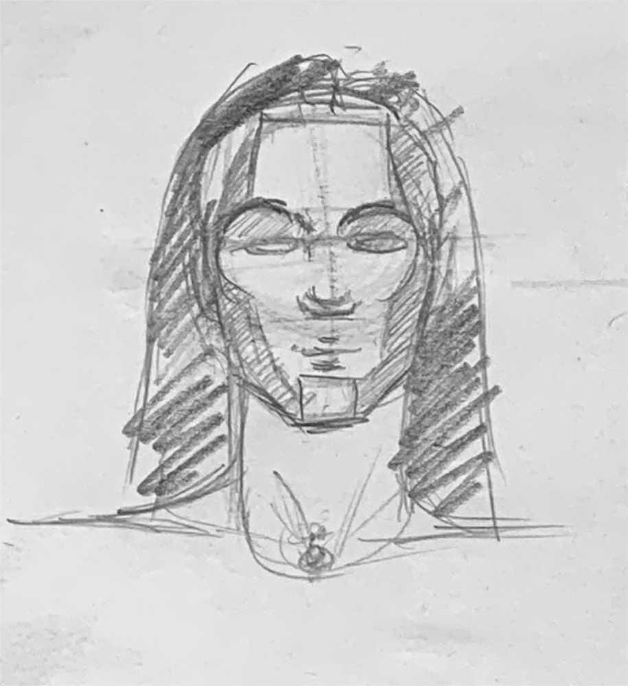 Instructor demo drawing showing front view female head with center line, facial planes, and side plane shading