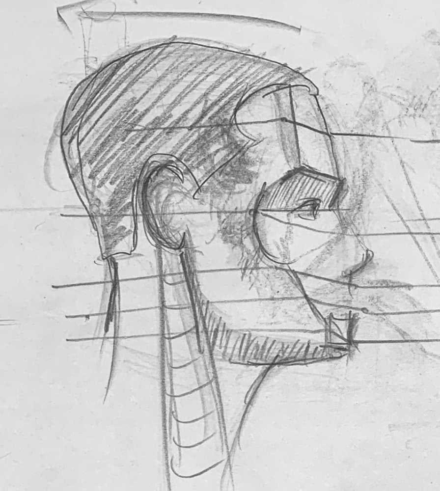 Instructor demo drawing showing profile view head construction with skull structure, neck, and sternocleidomastoid muscle