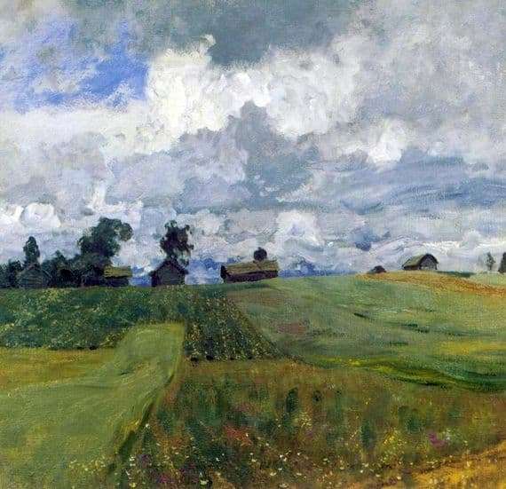 Isaac Levitan landscape painting showing rural scene with dramatic cloudy sky, fields, and distant buildings - master example for studying simplified masses