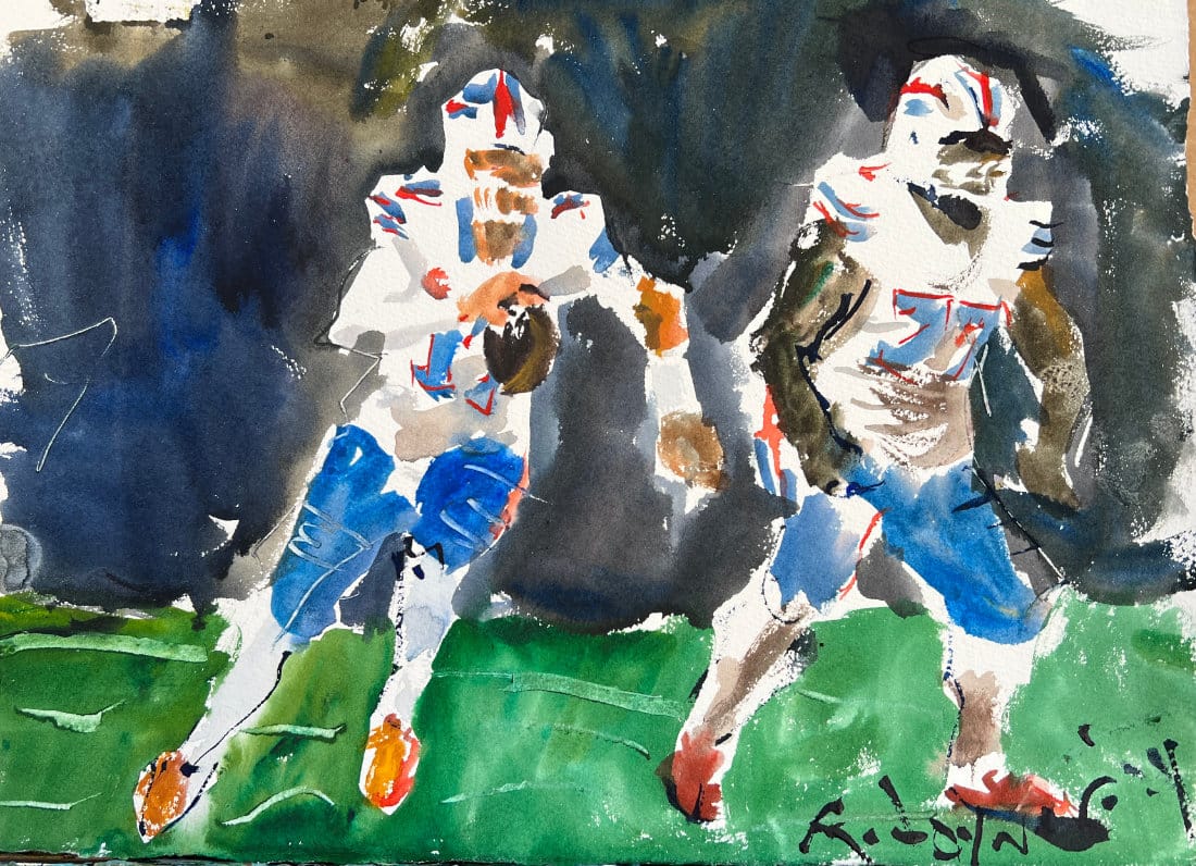 Josh Allen Buffalo Bills with offensive lineman blocking original watercolor painting by Robert Joyner