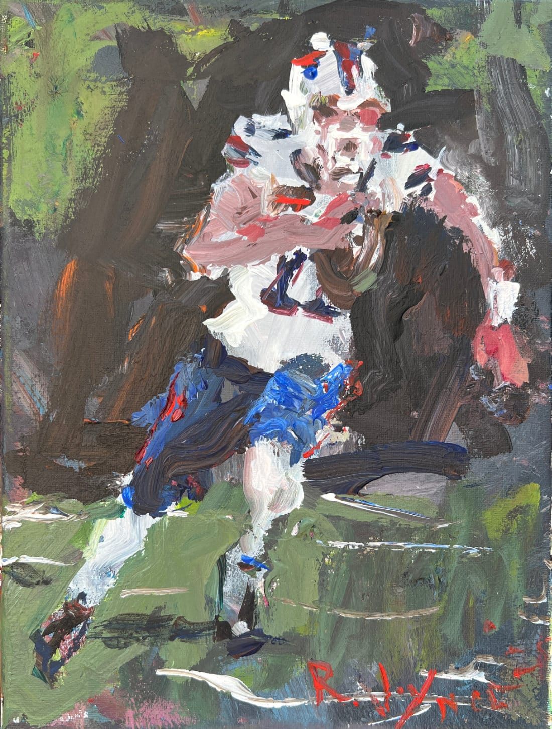 Josh Allen Buffalo Bills quarterback running scramble original painting, acrylic sports art by Robert Joyner