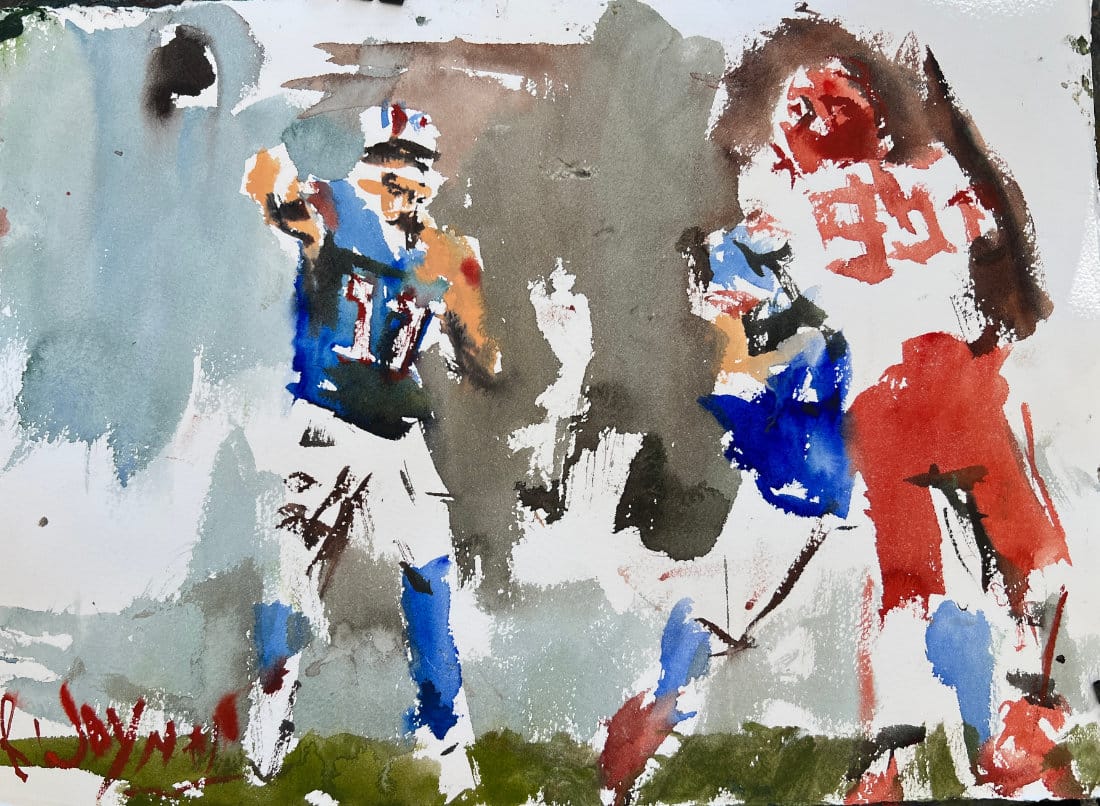 Josh Allen Buffalo Bills quarterback throwing football original watercolor painting by Robert Joyner