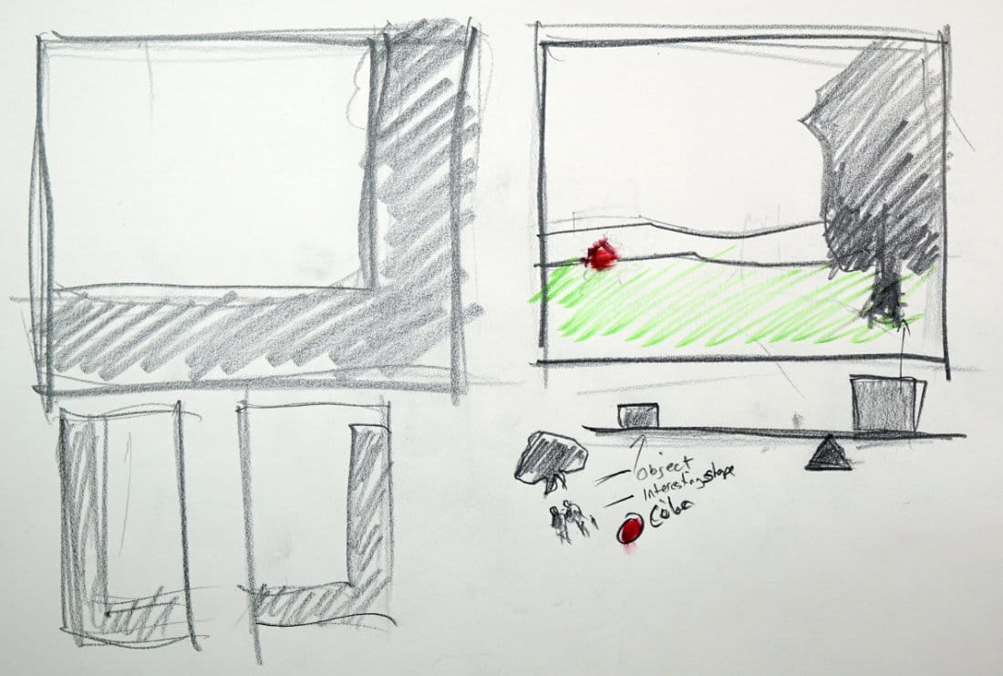Sketch demo showing L-shape and Fulcrum composition types for landscape design, featuring balance of large and small shapes and color accents.