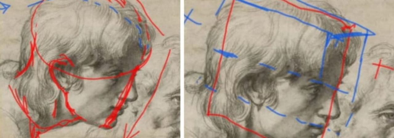 Learn head drawing from the Master's - analysis image with box construction overlay