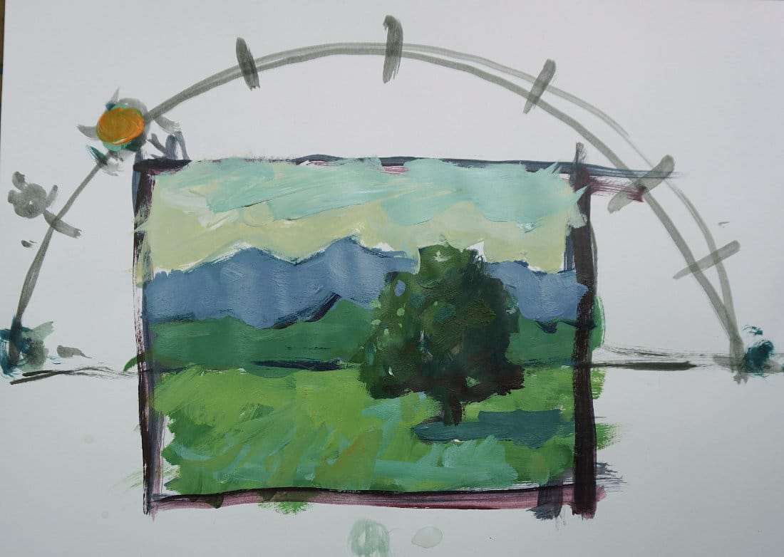 A simple acrylic landscape study showing a tree casting a shadow across flat, angled, and vertical planes—demonstrating how light and shadow behave on different surfaces.