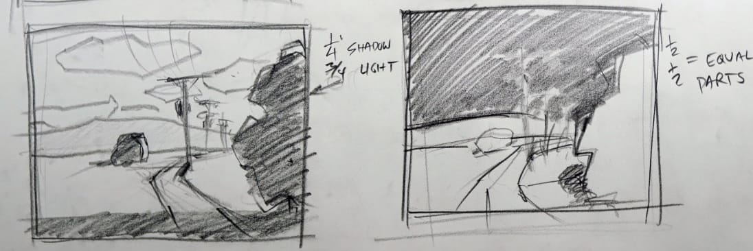 Sketch demo showing light and dark value balance in landscape design, comparing ¾ light vs ¼ shadow and equal ½ compositions.
