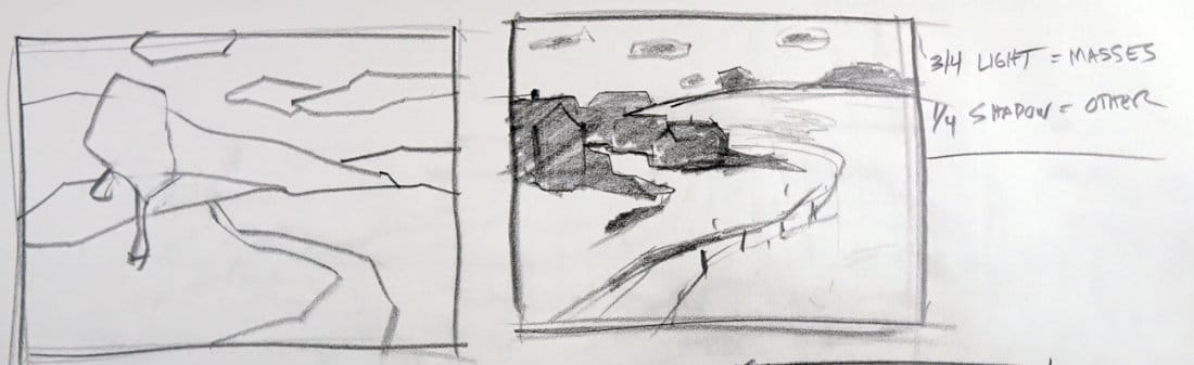 Sketch study comparing linear and mass compositions in landscape design, showing flow lines and grouped value masses for painting structure.