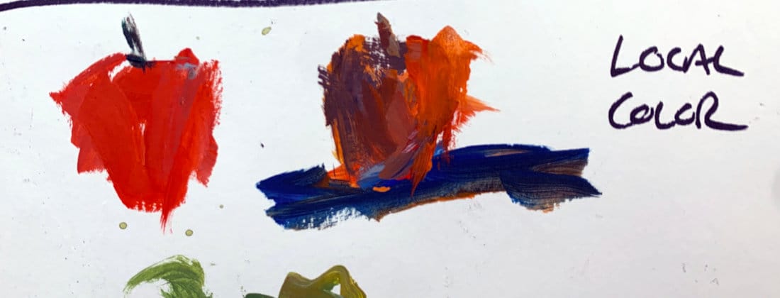 Acrylic color study showing a red apple and its painted version on a blue surface to demonstrate local color changes in painting.