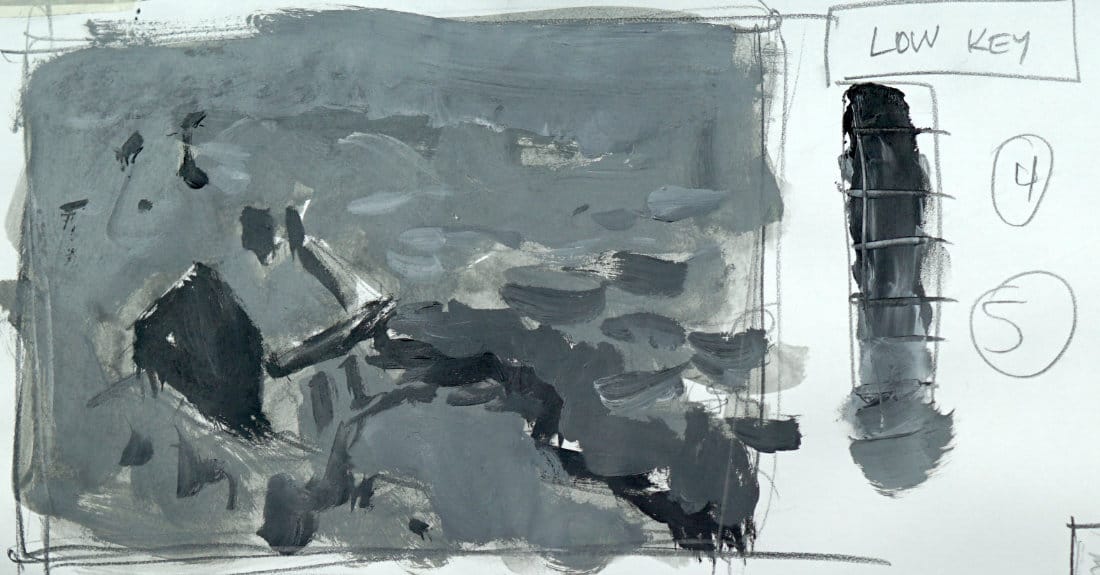 Low-key value study of Monet cottage landscape in compressed darker value range showing unified masses for acrylic painting fundamentals course