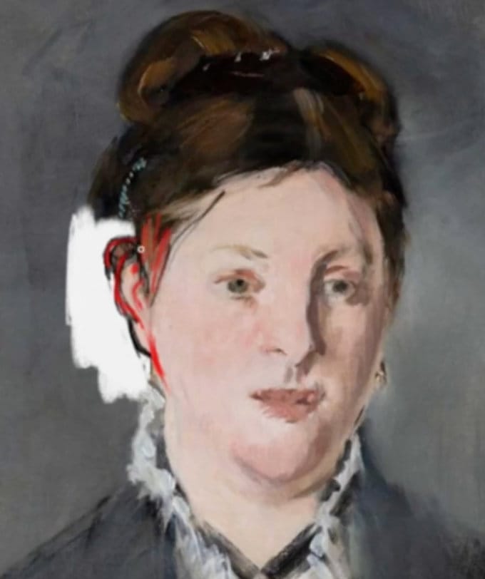 Portrait painting study of a woman by Manet emphasizing ear placement and tonal staging with soft color transitions.