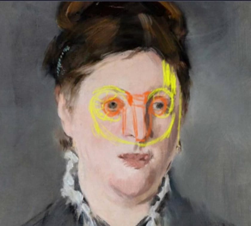 Manet portrait study with eye construction lines showing brow ridge and donut structure