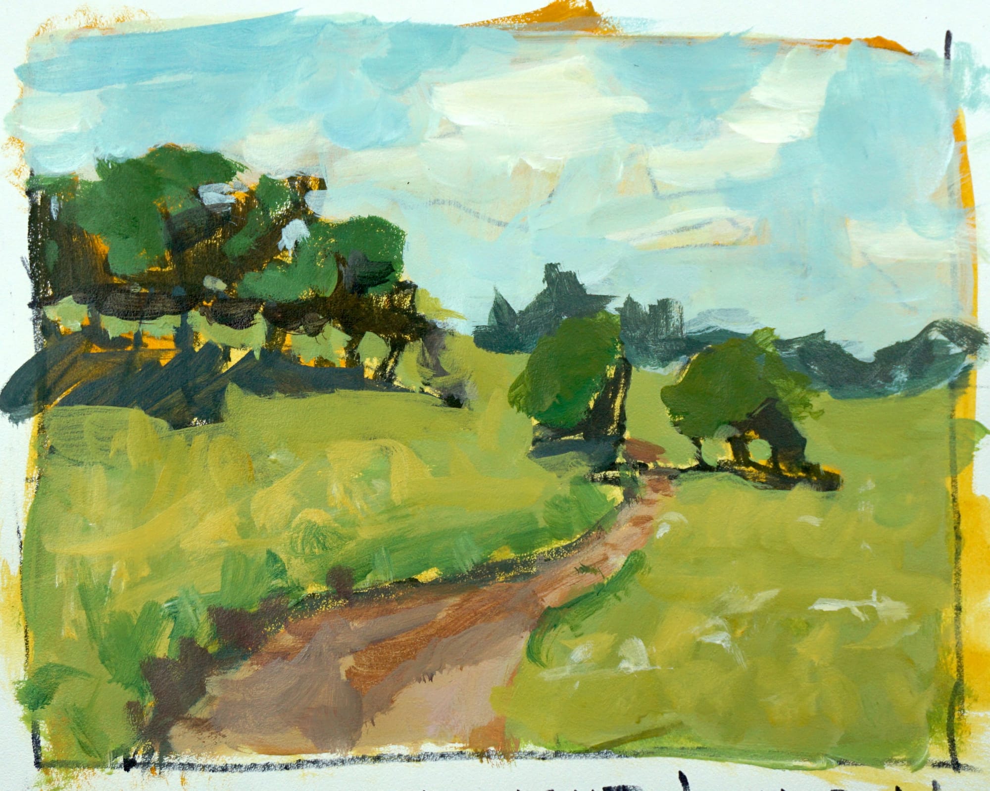 Demonstration for adding gradations and variations in acrylic landscape painting
